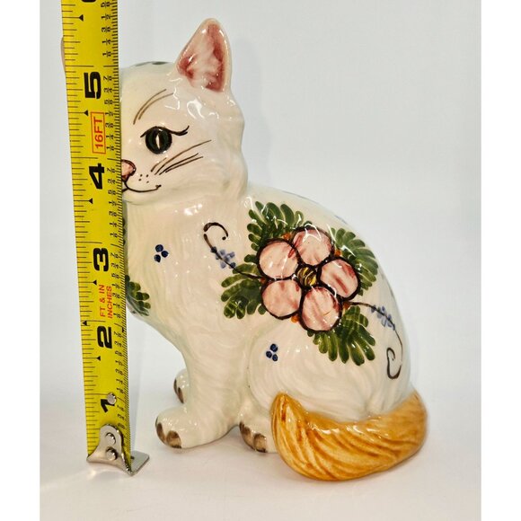 Handpainted Delft Style Ceramic Cat Figurine 5.5" Tall With Floral Design - Picture 6 of 7